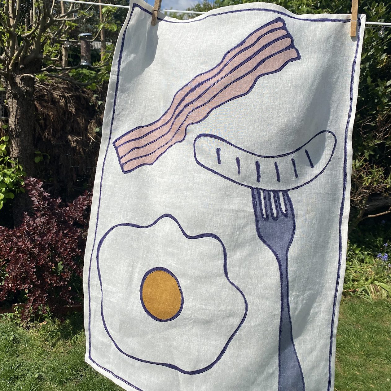 Eggs &amp; Bacon Embroidered Tea Towel Amuse la Bouche