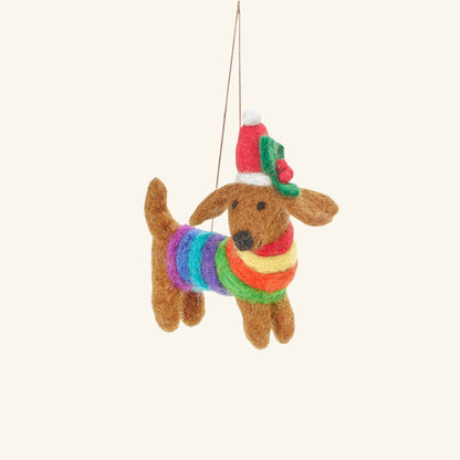 Handmade Felt Festive Rainbow Dog LGBT Pride Christmas Tree Decoration