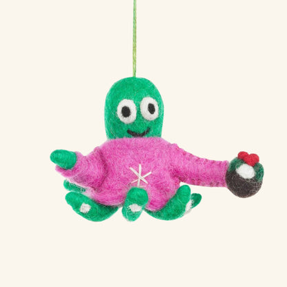 Handmade Felt Timmy Tentaclaus Hanging Christmas Octopus Decoration