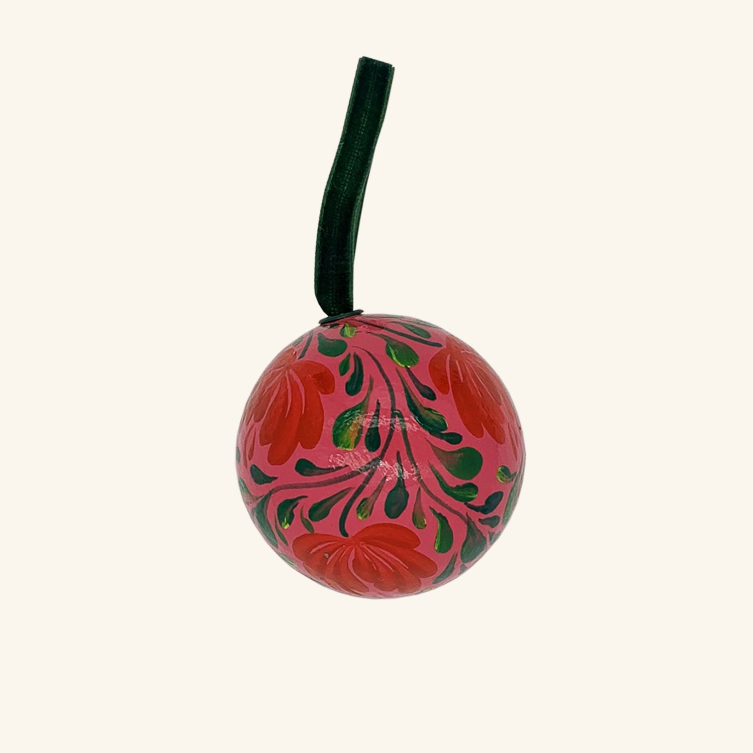 Hand Painted Bauble: Green And Red On Pink