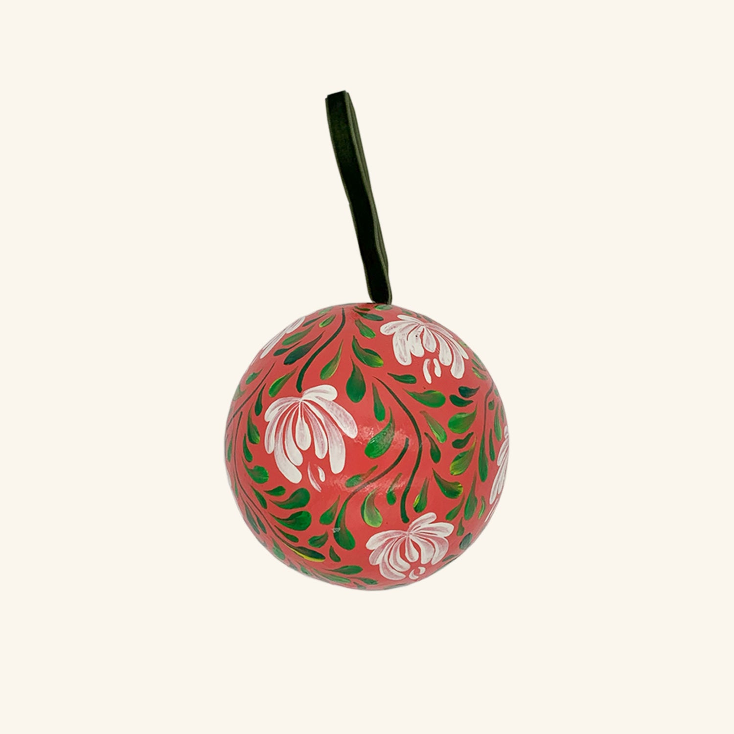 Hand Painted Bauble: Green And White On Peach