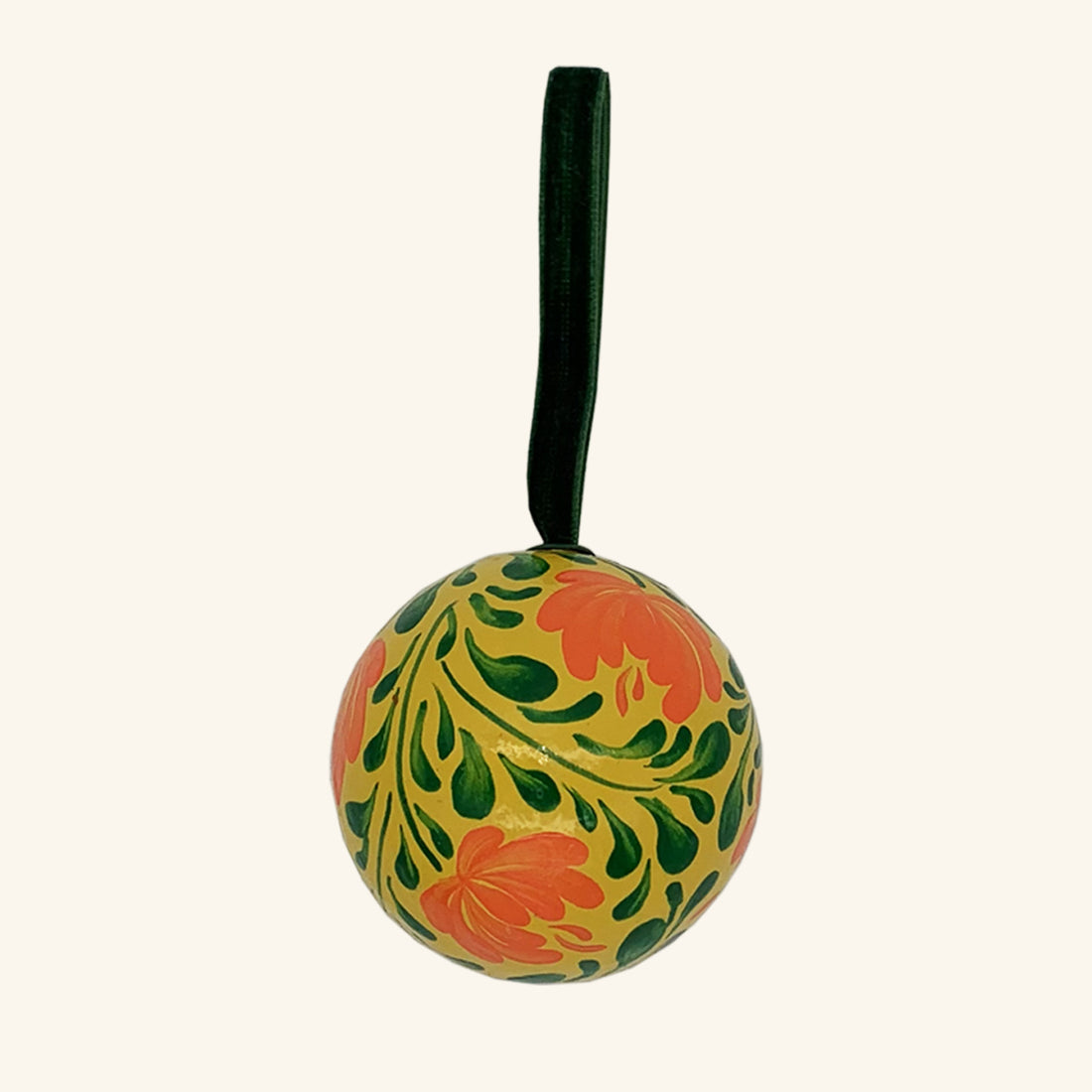 Hand Painted Bauble: Orange And Green On Yellow