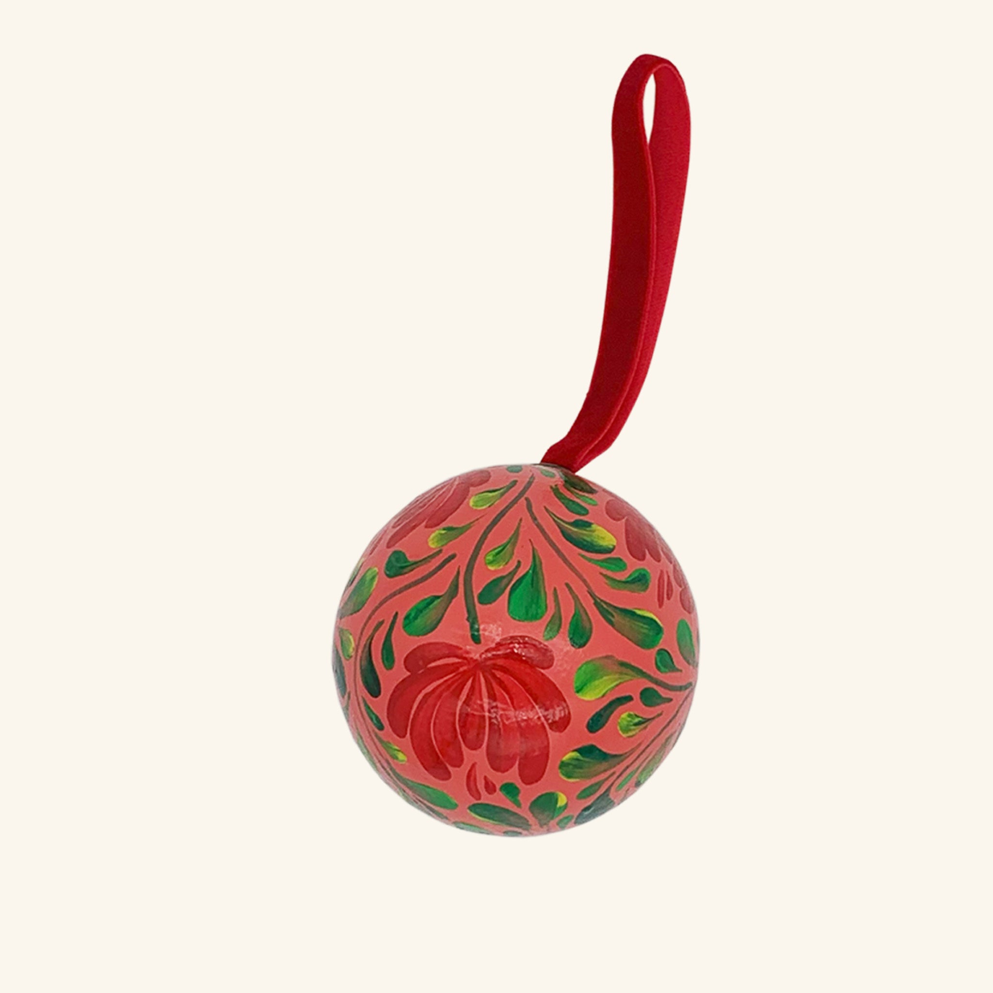 Hand Painted Bauble: Red And Pink On Peach