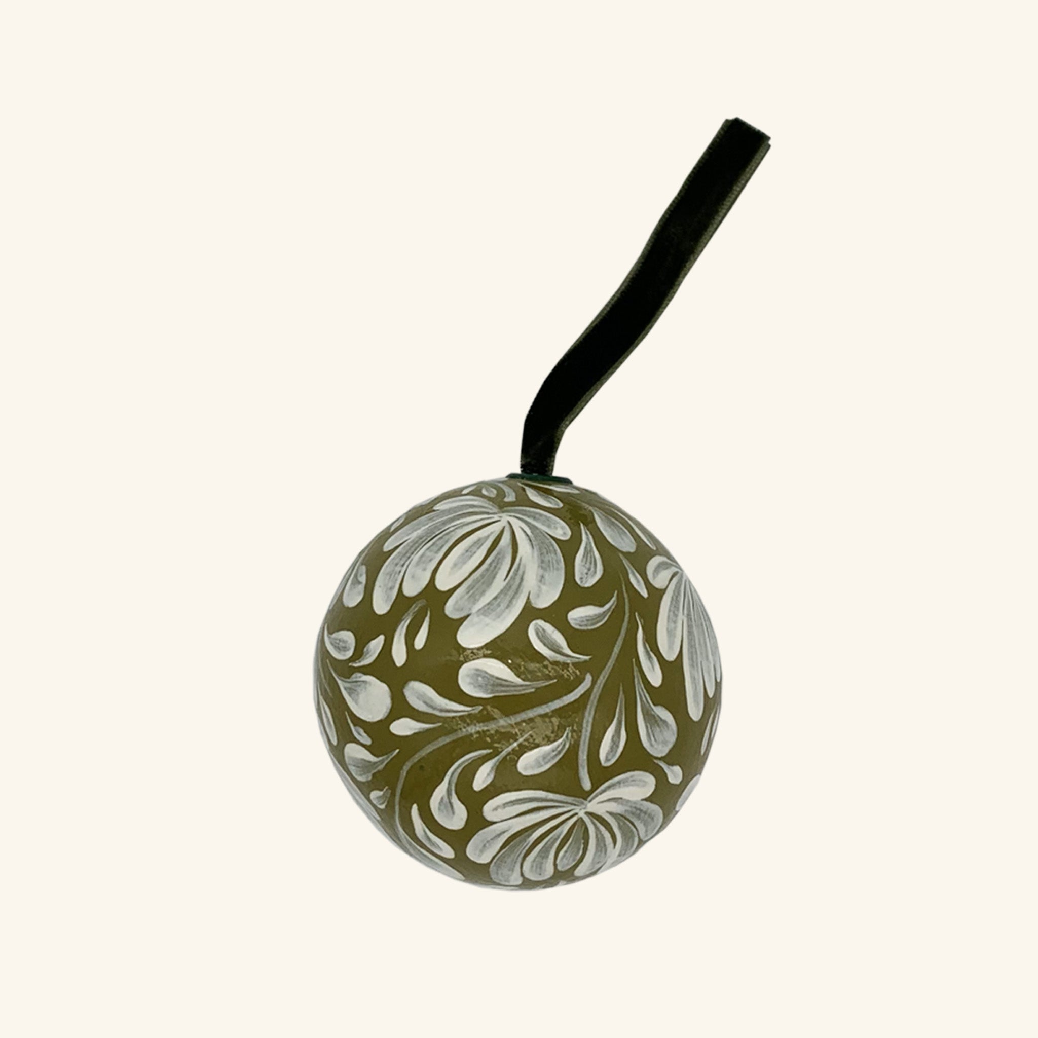 Hand Painted Bauble: White On Moss